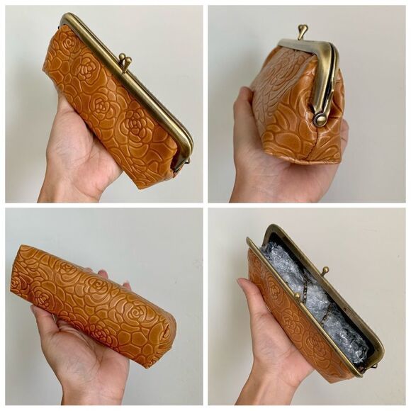 Embossed Rose Handmade Cowhide Leather Push-lock Handbag Includes Small Clutch - Picture 14 of 16